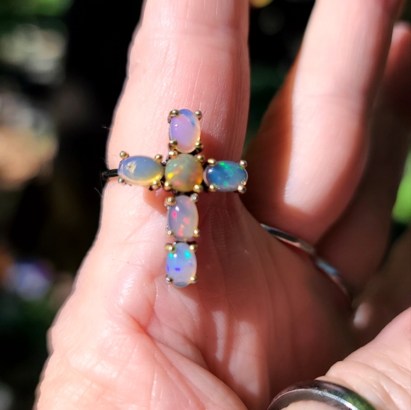6k Opal sterling rhodium & gold cross ring sz8.5 - Picture 5 of 5